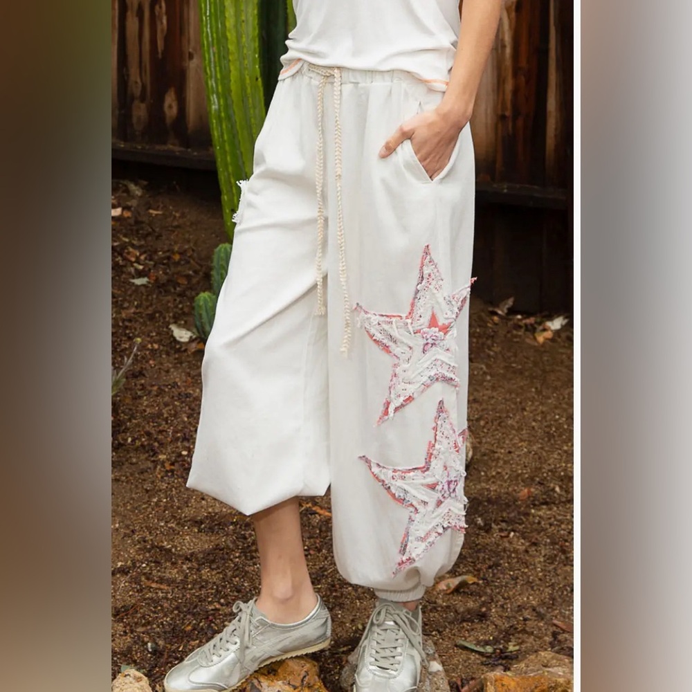POL Newly Released Elastic Waist Crochet Star Patches Detail Jogger Pants